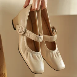 Big size 34-41 women's soft sheepskin square toe slip-on Mary Jane pumps 4cm thick low heel OL style female slim heeled shoes