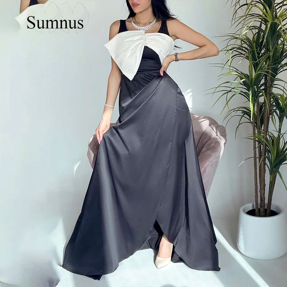 

Sumnus Black And White Evening Dresses Dubai Arabia Side Split Soft Satin Floor Length Formal Gowns Customized Event Dress