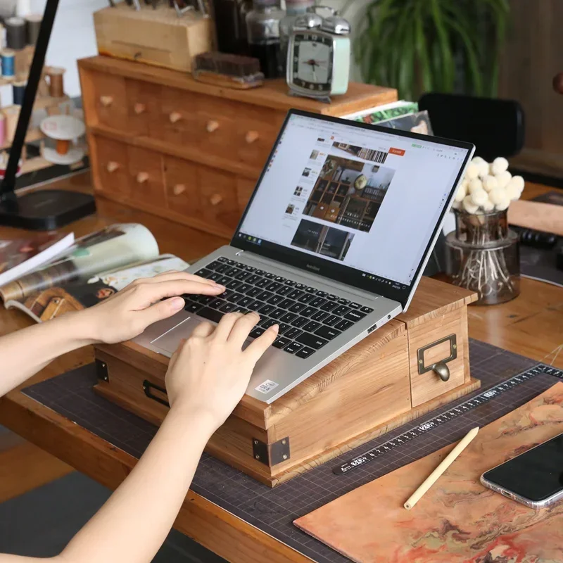 Wooden Desk Organizer Laptop Stand Retro Flip Dustproof Stationery Storage Box Hand Account Jewelry Keeper