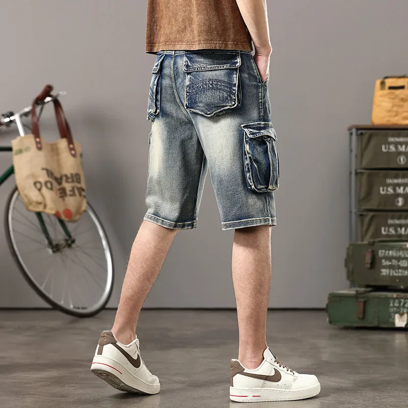 Summer Cargo Shorts Men\'s Retro Washed Multi-pocket Straight Loose Tooling Denim Short Pants Fashion Bottoms PLus Size 44