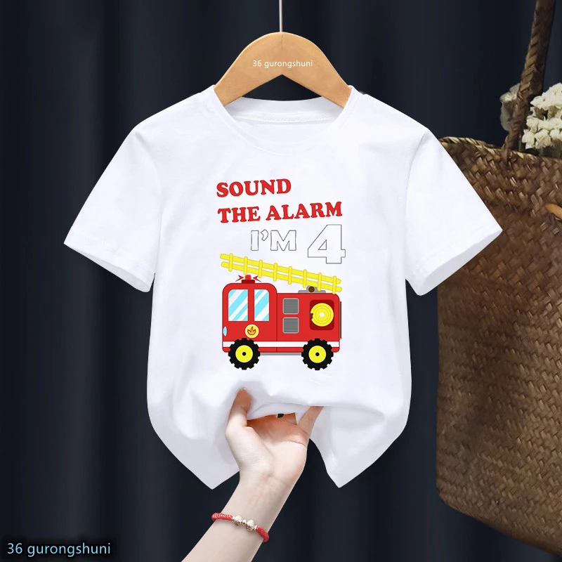 Funny Sound The Alarm Fire Engine I'M 2 3 4 5-9 T Shirt Happy Birthday Gift Boys Girls Tshirt Party Gift Kids Clothes Tops