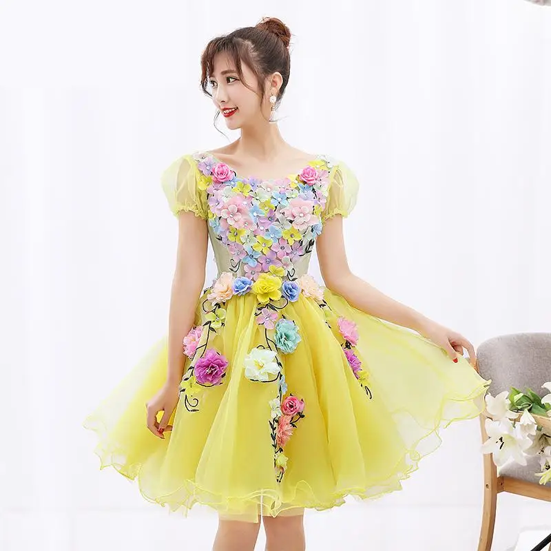 ดอกไม้ Fairy Vestido De Quincenera Sweet Scoop คอเข่า-ความยาวเดรสแต่งงานสีสัน Appliques สั้น Sukienka Balowa Plus ขนาด