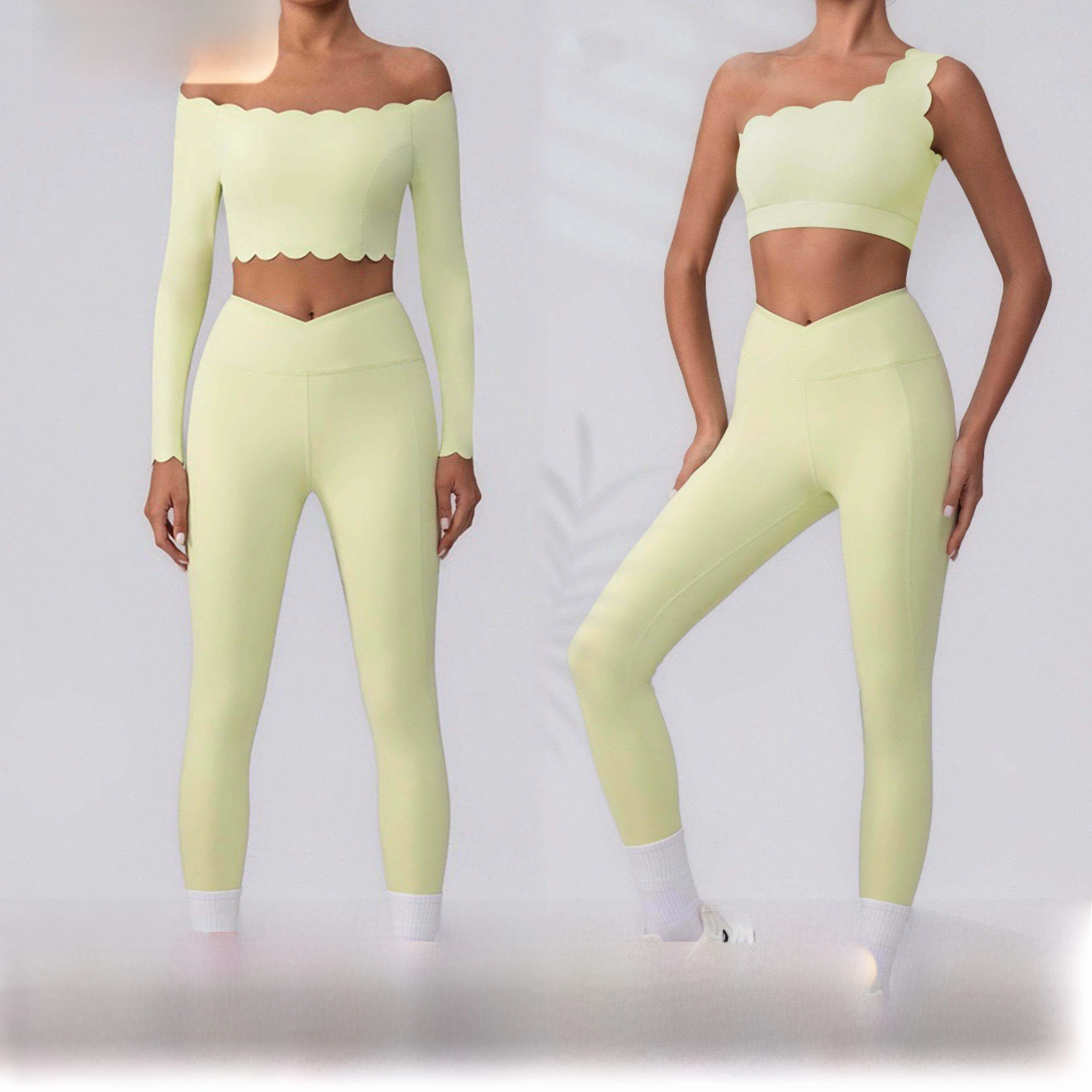 Fitness Clothing Set Wave  One Shoulder Long Sleeve Peach Long Pants Yoga Set Women Breathable Moisture Wicking Elastic