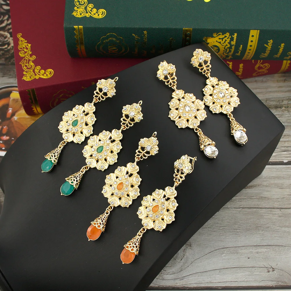 Sunspicems Gold Color Morocco Long Drop Earring for Women Arabic Earring Bride Jewelry Full Crystal Brand Design Algeria Bijoux