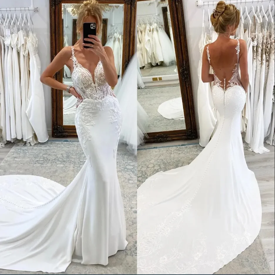 

Свадебные платья русалки в стиле бохо 2025 года, сексуальное длинное атласное свадебное платье без рукавов с открытой спиной и кружевной аппликацией, спагетти, летнее пляжное платье невесты We