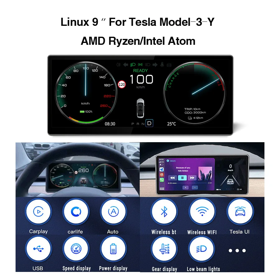 10.26 \'\'android 12.0 4G 64G linux per Tesla Model 3 Y car lcd meter strumento cruscotto touch screen style console display LCD