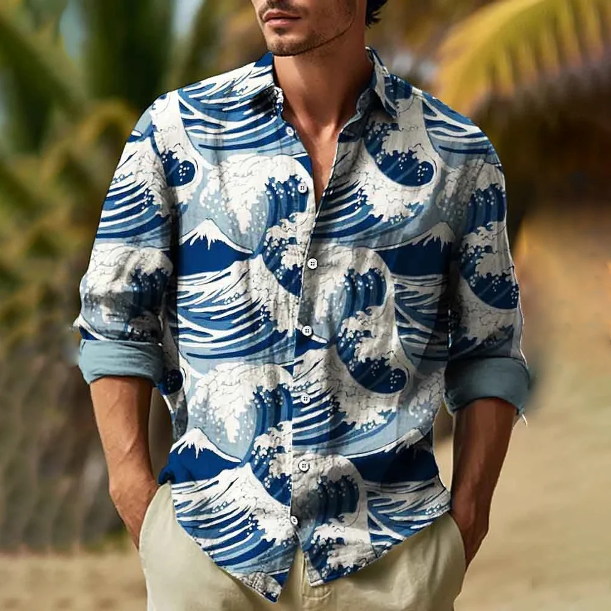 Men's shirts casual and comfortable full body HD print linen long sleeves wave series Hawaiian trend large size S-6XL fast deliv