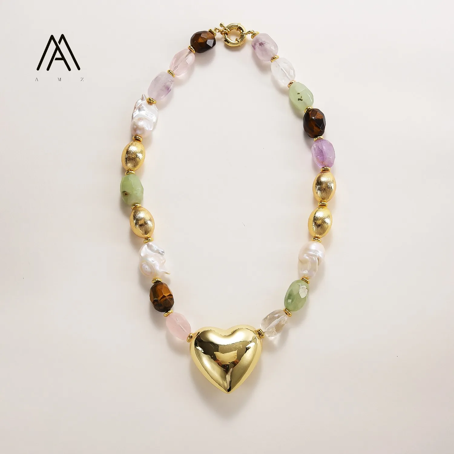 AMZ-ZJ6 Random Natural Stone Necklace with 40mm Heart Statement Jewelry for Women Gift Natural Stone Necklaces Vacation Outfit