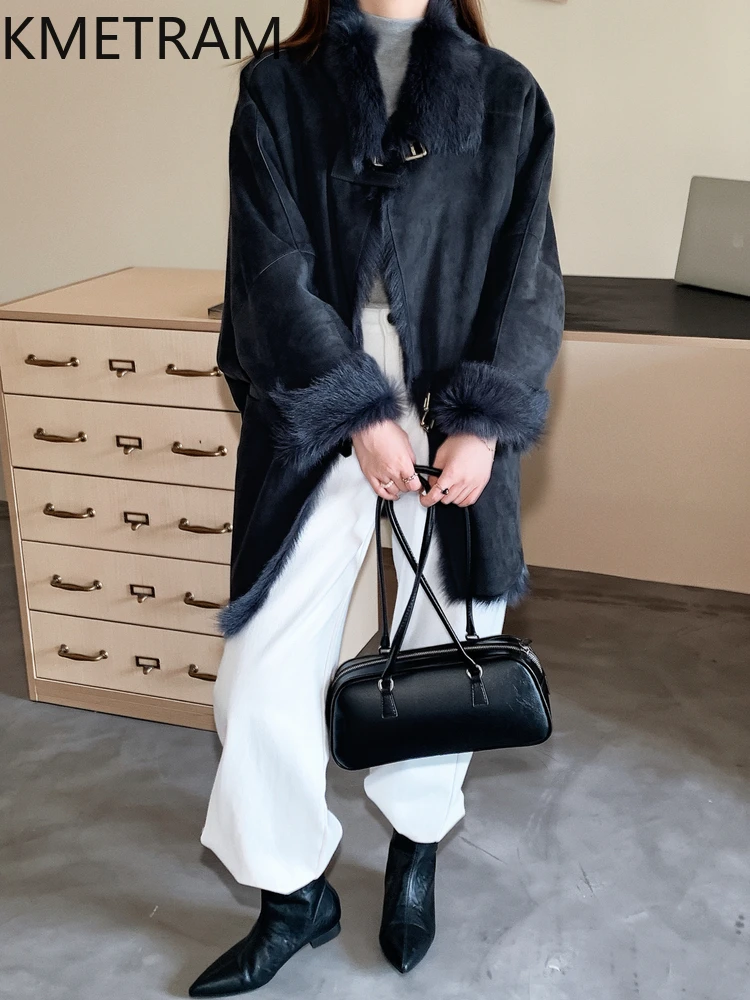 KMETRAM Real Goatskin with Wool Attached Jacket Women Luxury Dark Blue Fur Jackets 2025 New in Coats Winter Woman Clothing шуба