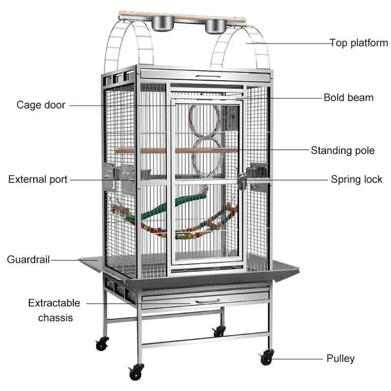 Stainless Steel Parrot Cage Medium Large Deluxe Bird Cottage Extra Large Space Parrot Breeding Cage with Wheels 51*61*152cm