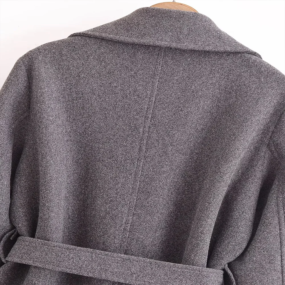 Elegante colore grigio grande colletto rovesciato doppio petto maniche lunghe cintura tascabile design donna cappotto lungo classico allentato ZATAF nuovo