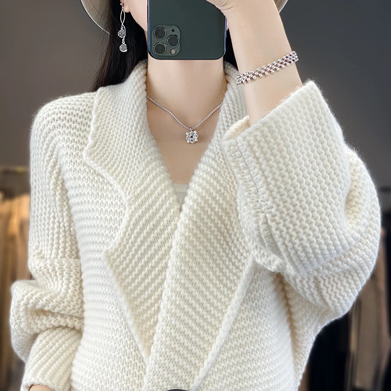 7 Needles Thick Cashmere Coat Women\'s Suit Collar Top 100% Merino Wool Knit Cardigan Fashion Korean Autumn Winter Long Sleeves