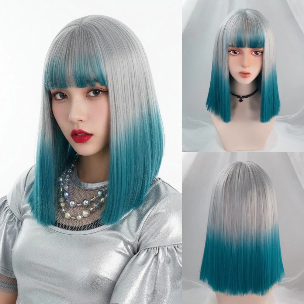 

Женский термостойкий короткий прямой парик в стиле Лолита, зеленый, с челкой, синтетический, для косплея, вечеринок и повседневного использования