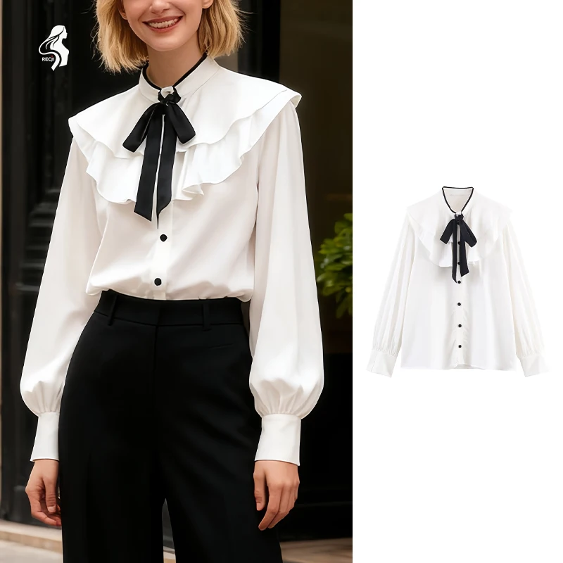 

Womens Shirt with Color Blocking Bow Layered Ruffles Casual Fashion Shirt Must Have Item for Spring and Autumn Trafizaran