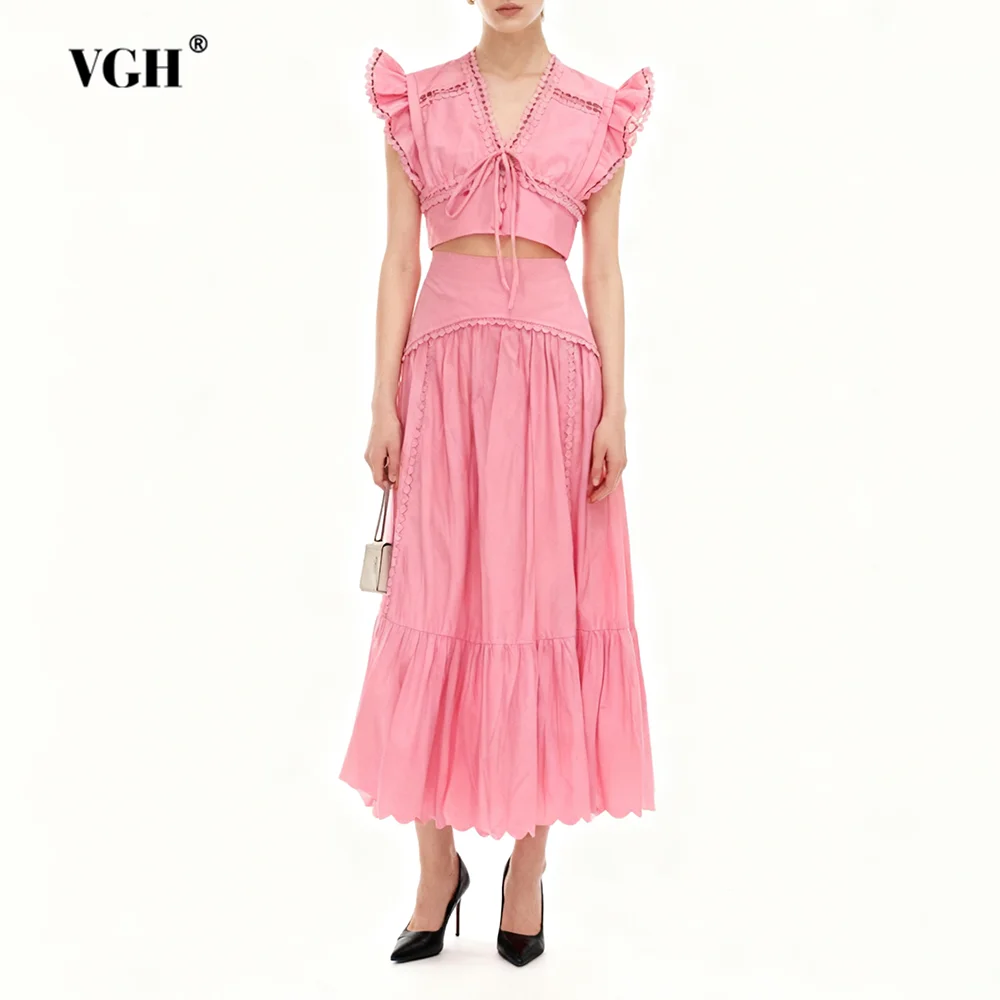 

VGH French Style Solid Casual Two Piece Sets For Women V Neck Sleeveless Top High Waist Long Skirt Elegant Set Female Fashion