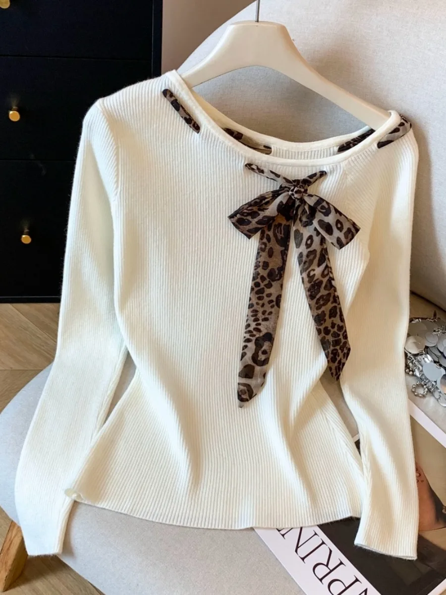 تأثير التخسيس ليوبارد طباعة محبوك طويل Sve تي شيرت المرأة أوائل الخريف المجهزة قاعدة irt ملابس داخلية مع حزام
