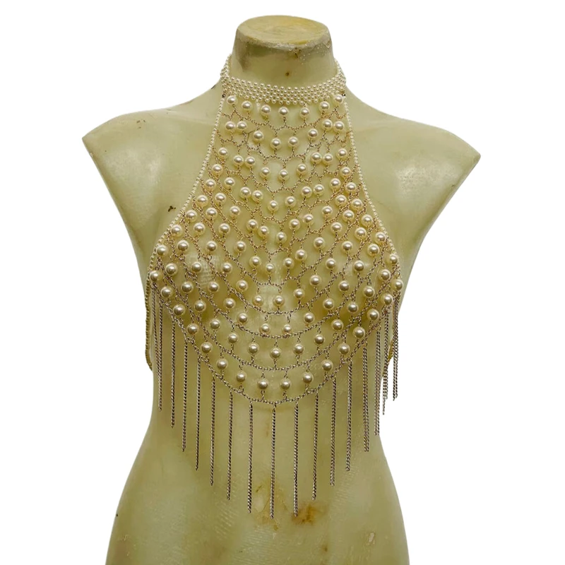 Damen Perlenbesetztes Neckholder-Crop-Top mit Aussparungen, Quasten, Körperkette, rückenfreies Mesh-Top für Party, Club, Festival, Y2K Damen-Crop-Tops – Detail 4