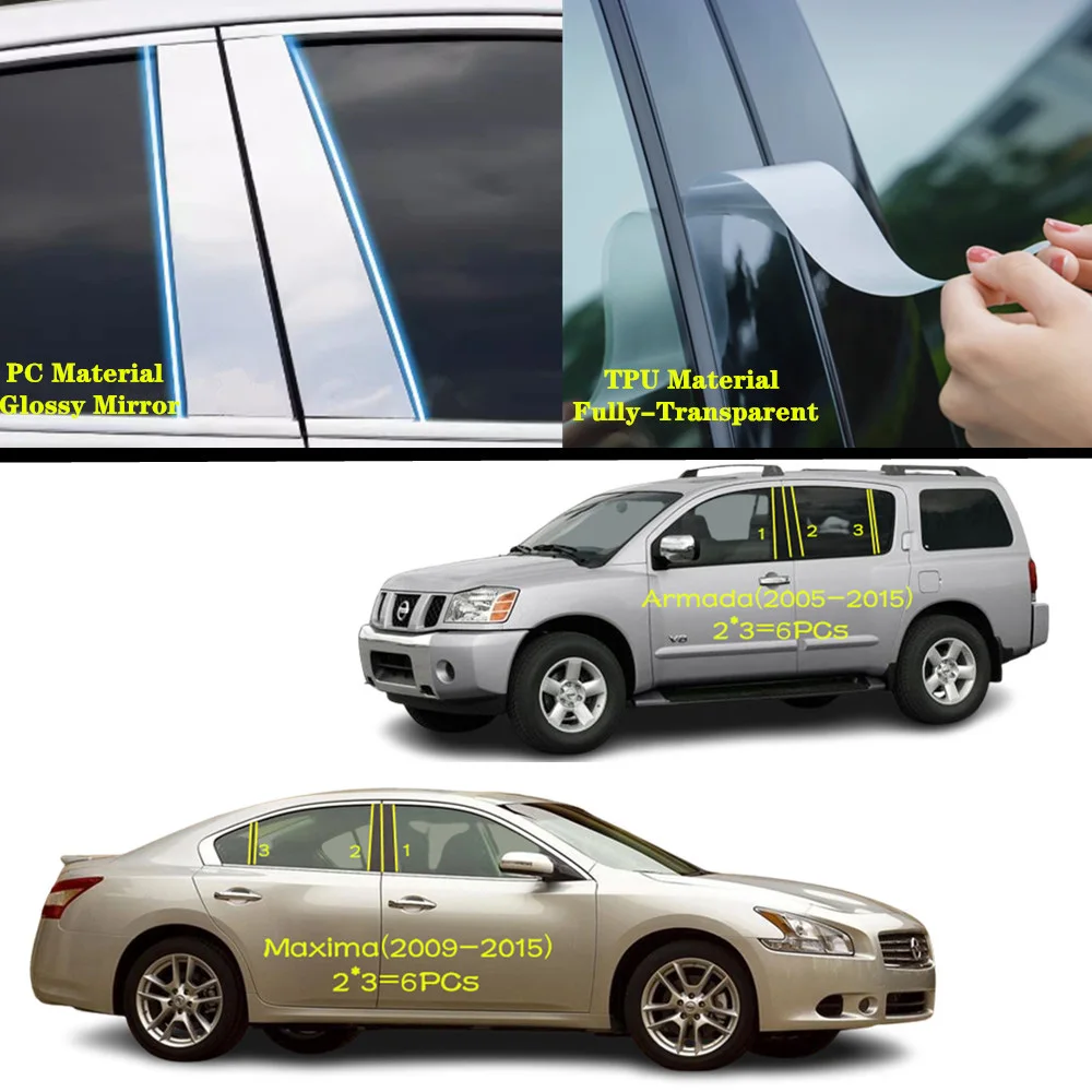 

For Nissan Maxima/Armada 2005 2006 2007-2015 TPU/Glossy Mirror Pillar Post Cover Door Trim Window Molding Sticker Accessories