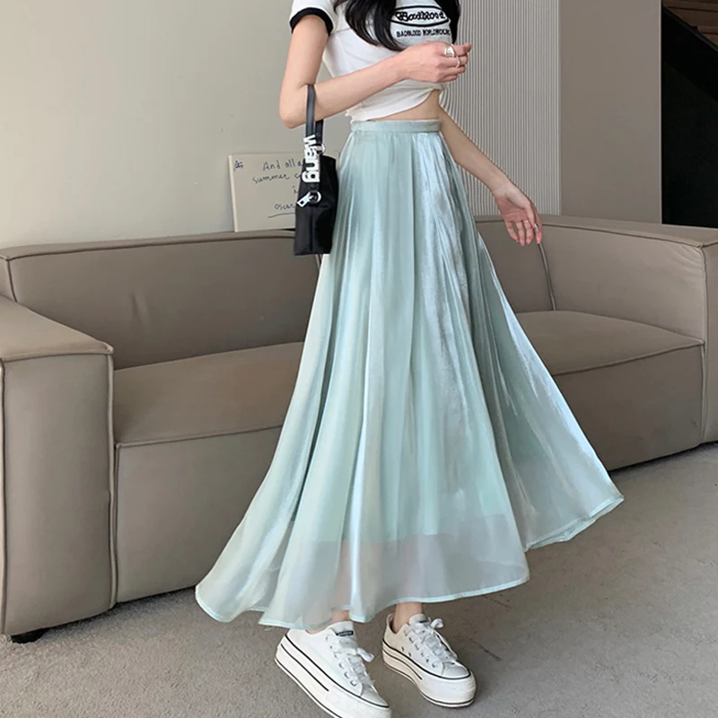 Spring Summer High Waist Women Mesh Skirts 4 Color Solid Pleated Skirts with Lining Elegant Loose Woman Chiffon Skirts