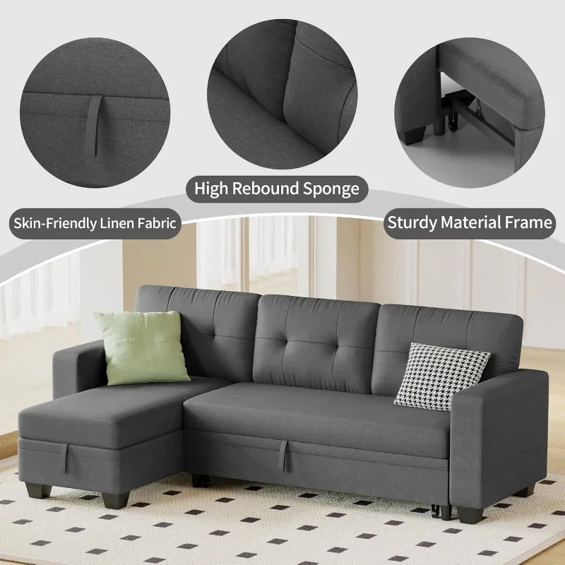 L Shaped Sleeper Sofa, Modern Sofa Bed with Storage Chaise Lounge Pull Out Couch Sectional Couches for Living Room, Sm