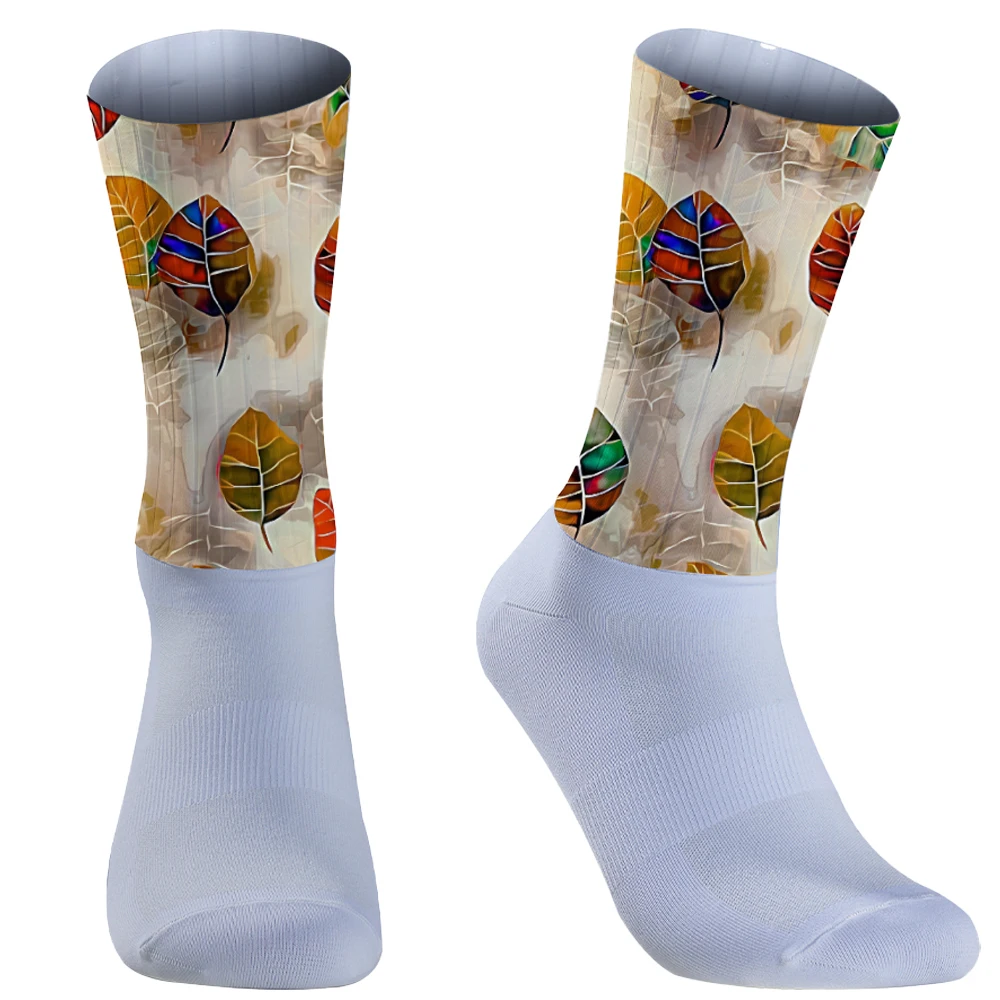 Calcetines de ciclismo con estampado de hojas de arce para hombre, Medias de Color de contraste de arcoíris, talla grande a rayas, novedad