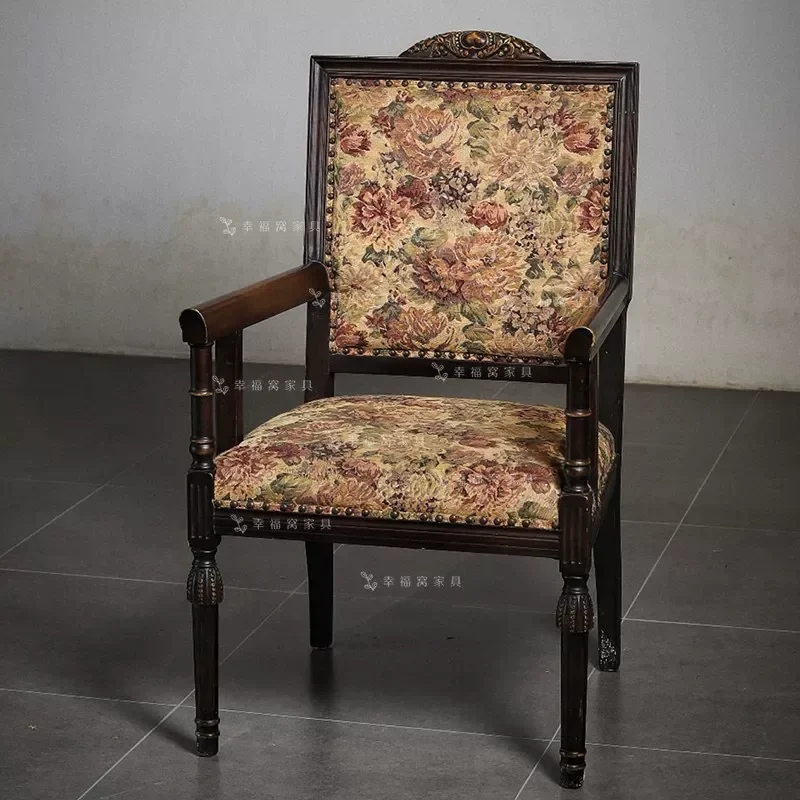 American Retro Solid Wood Dining Chair with Armrests Vintage Hotel Studio Leisure Single Book Makeup Chair for Home Decor