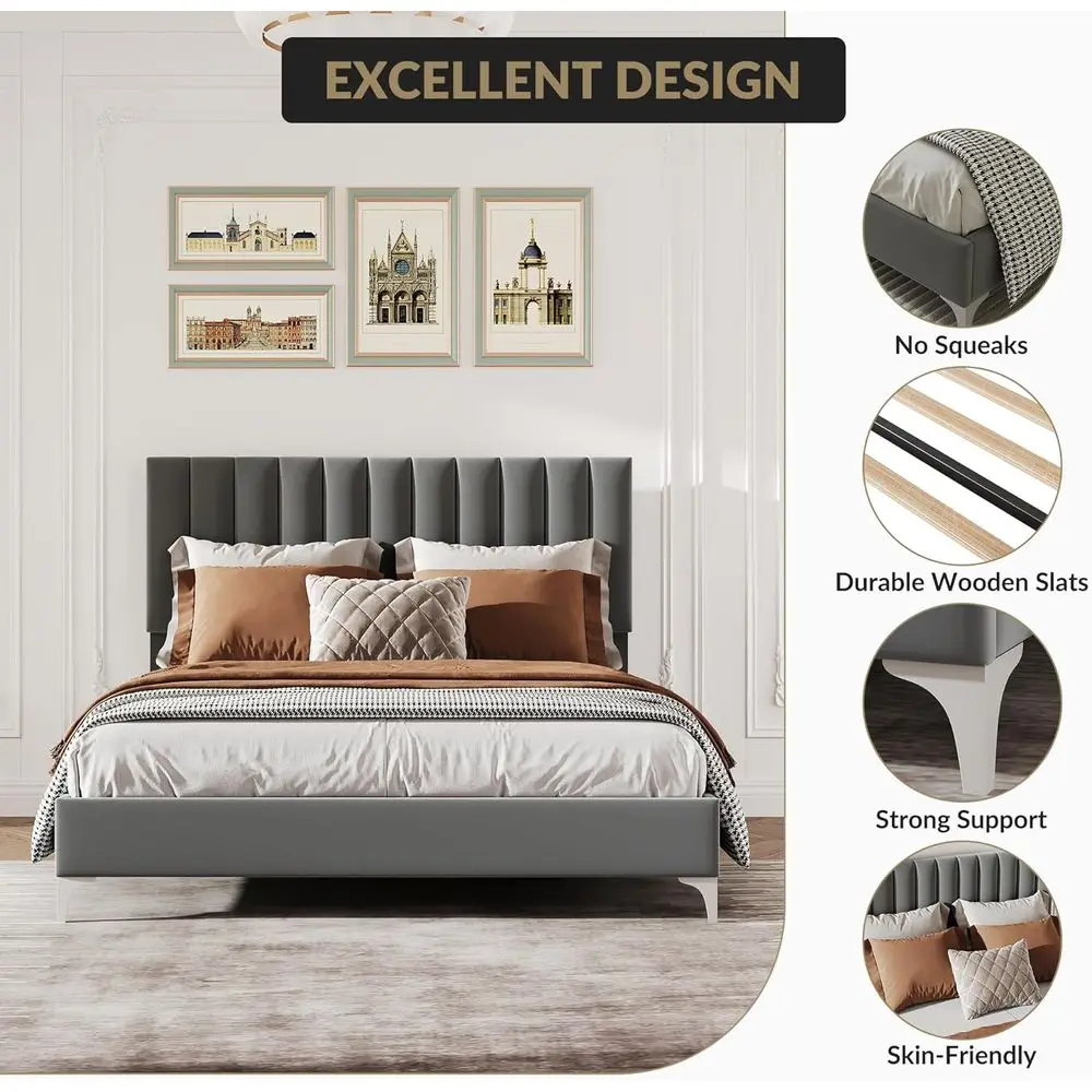 سرير بمنصة منجدة كاملة الحجم مع لوح رأسي قابل للتعديل وتصميم منخفض لكبار السن والأطفال، لا حاجة إلى صندوق زنبركي