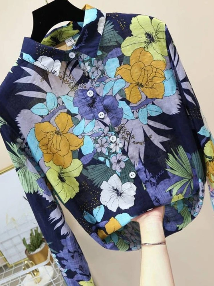 

Fashion Vintage Blouses Turn Down Collar Long Sleeve Flower Print Single Breasted Shirts Spring All Match 2025 Women's Clothing