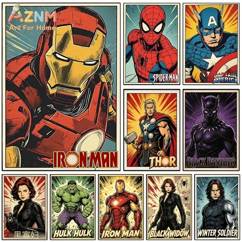 Marvel Super Hero Canvas Wall Art Unframed Print Vintage Retro Poster Iron Man Spider Man Thor Hulk for Bedroom Dorm Home Wall D