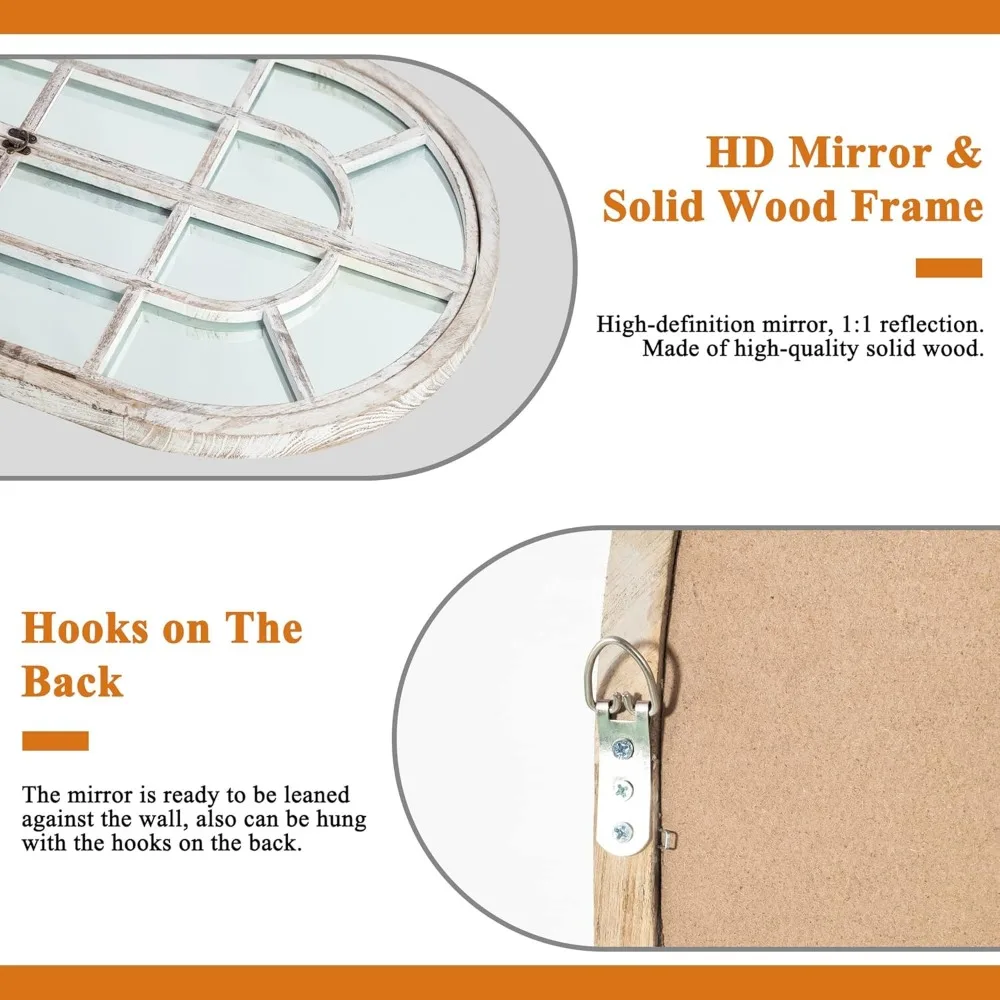 Gewölbter Fensterspiegel im Bauernhausstil, 36 x 24 – dekorativer Wandspiegel mit Holzrahmen für die Inneneinrichtung