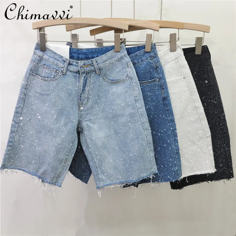 European Hot Full Diamond Rough Edge Jeans Women Shorts Straight-leg Pants Spring and Summer New Fashion High-waisted Half Pants