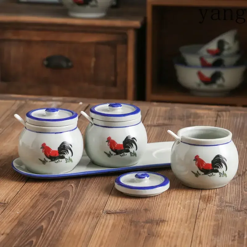 Retro ceramic rooster seasoning jar salt and monosodium glutamate seasoning jar household kitchen with lid spoon
