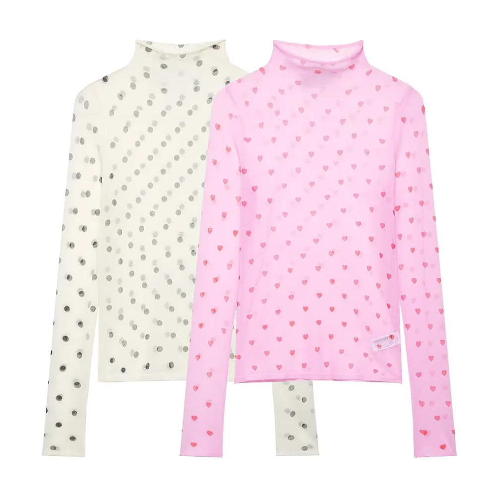 

Новинка 2026: Женский облегающий трикотажный топ с воротником-стойкой, полупрозрачный, с принтом в виде сердец, с длинными рукавами, в стиле Pure Desire