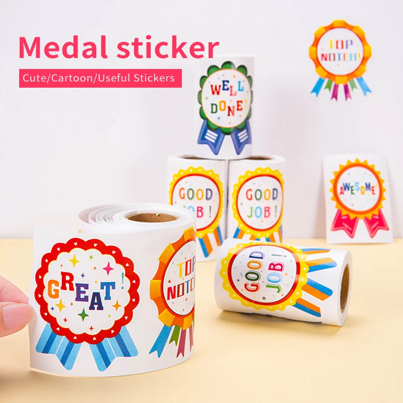 100-500pcs Cartoon Medal Child Encourage Award Sticker Great/Good Job For Kids Teacher Reward Sticker Stationery For Children