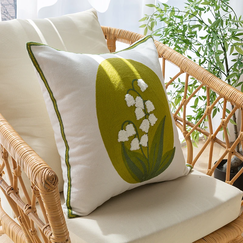 Green Leaves Lily of the Valley Floral Embroidered Pillowcase Cushion Cover Morden Casual Cotton Case Sofa Bedroom Decro 45x45cm