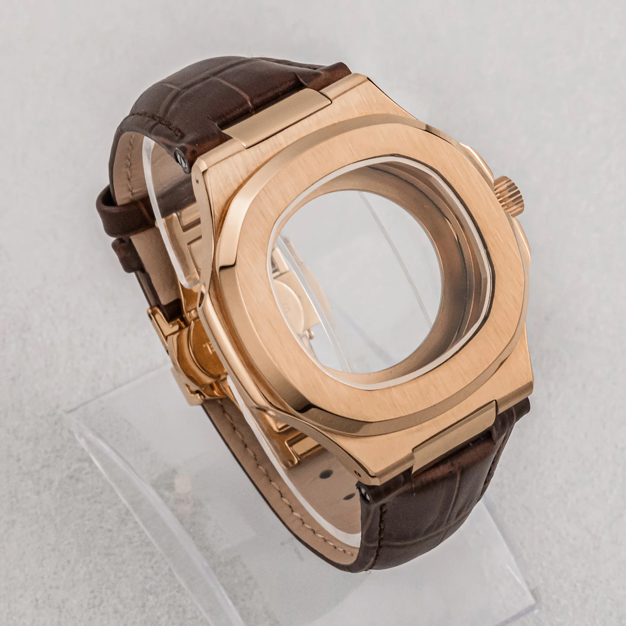 

41MM Stainless Steel Watch Case Genuine Leather Strap Sapphire Glass Silver Rose Gold Black for Men Nautilus NH35 NH36 Movement