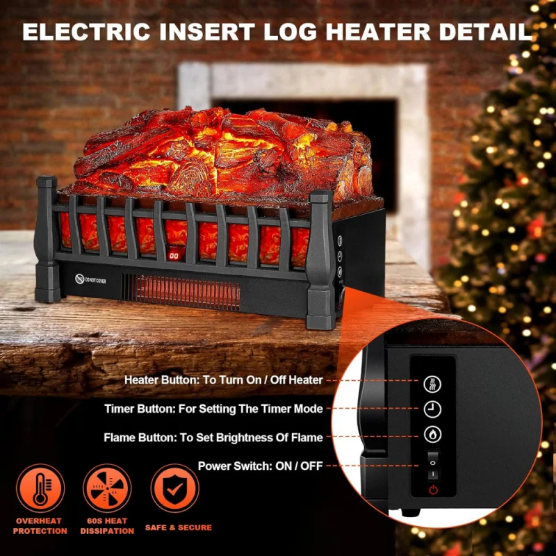 Electric Fireplace Logs Inserts Heater with Infrared Remote Controller 5 Flame Brightness 24 H Timer Overheating Protection