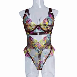 Sexy Floral Embroidered Lace Gather One-piece Jumpsuit French Style Fashion Women's Sexy Lingerie Set Female Bodysuit Underwear