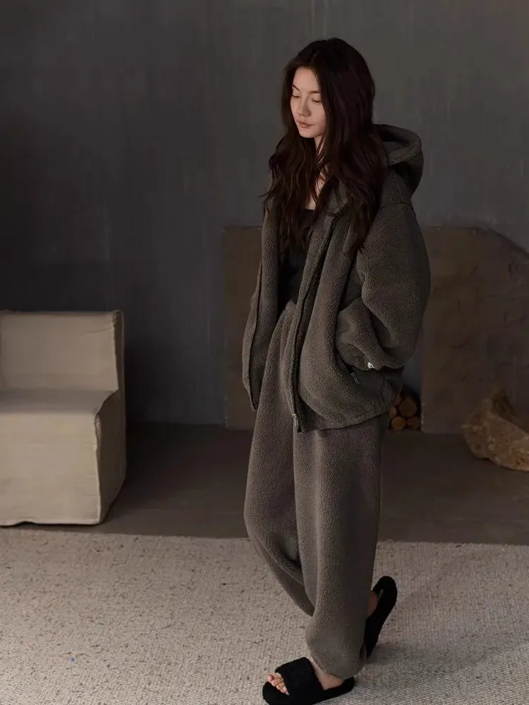 Plus Size Coral Fce Pyjama Set Met Capuchon Dames Winter Flanel Jaet Lange Broek Thuis Kleding Comfortabel Casual Recht Le...