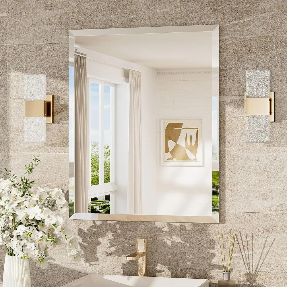 

24x30 elBathroom Mirror or Over Sink, Tempered Beveled Wall Mirror with 1" Beveled Edge, Shatterproo RecMirrored or Vanity, Livi
