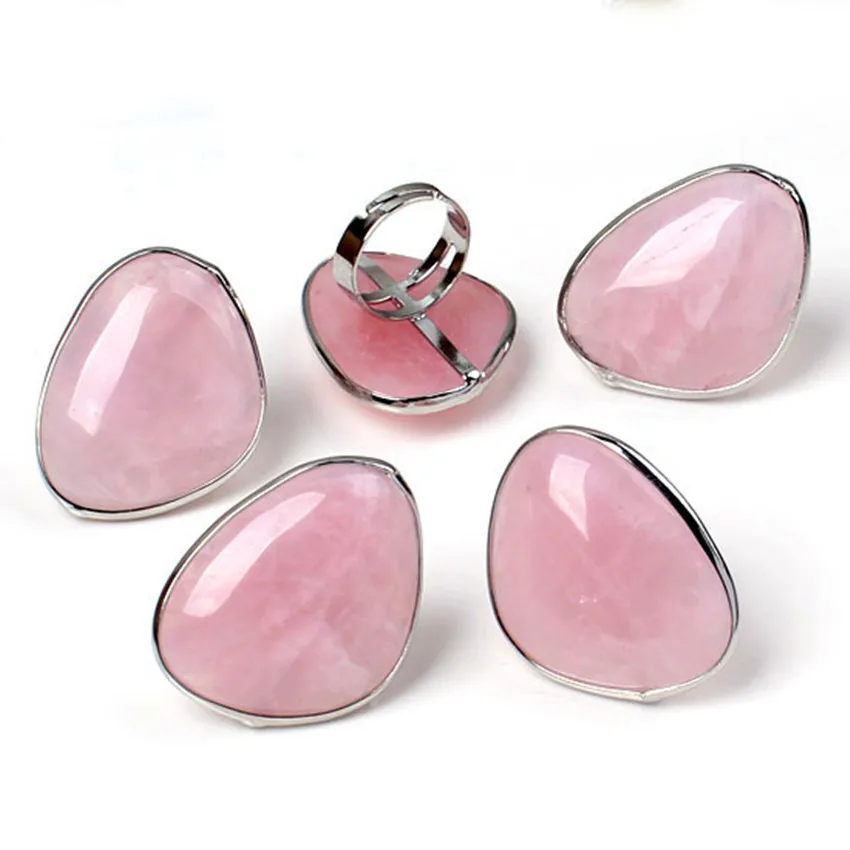 Fashion Crystal Silver Plated Geometric Shape Original Rose Pink Quartz Adjustable Ring for Women Engagement Anniversary Jewelry