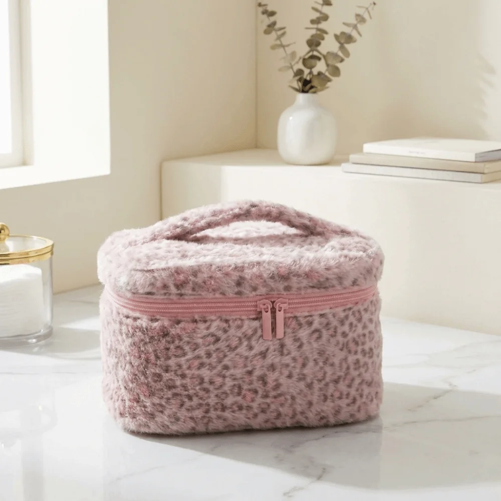 Portable Pink Leopard Print Makeup Bag Top Handle Large Capacity Toiletry Organizer Zipper Smooth Material Cosmetic Bag