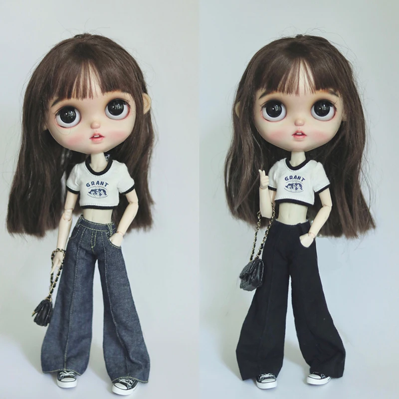 DLBell Round Neck Tight Shirts Crop Tops Short Sleeve T-shirt and Wide Leg Jeans Streetwear for Blythe Azone OB24 Doll Clothes