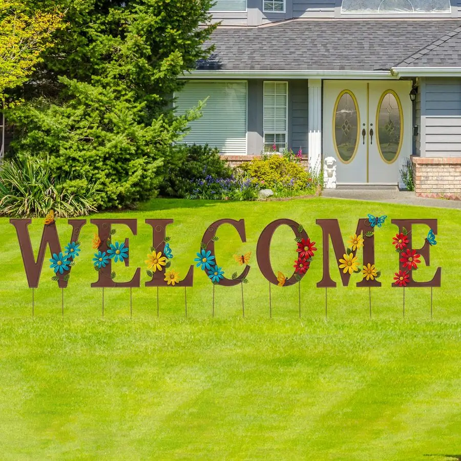 

Набор из 7 металлических садовых кольев, декоративные приветственные буквы с цветами, подвесной настенный декор для украшения наружного газона, 25,5 часа