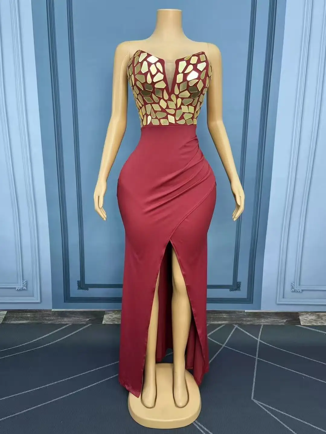 セクシーなハイエンドシャイニーゴールドミラーハイスプリットチューブドレスカクテルパーティー結婚式のイブニングドレスレッドカーペットショーエレガントなステージ衣装