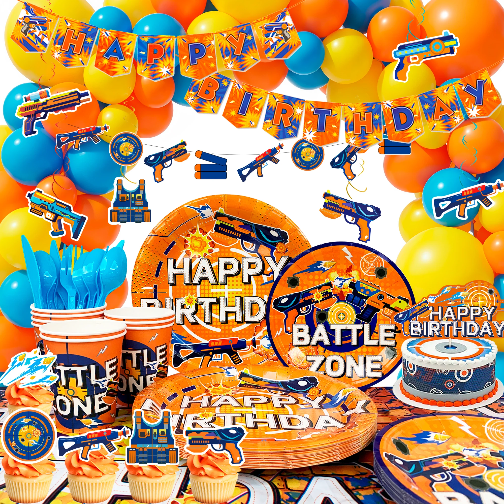 

232 Pcs Dart War Party Decorations&Tableware Set-Dart War Banner Balloons Plates Cups Napkins Tablecloth ect Dart Party Supplies