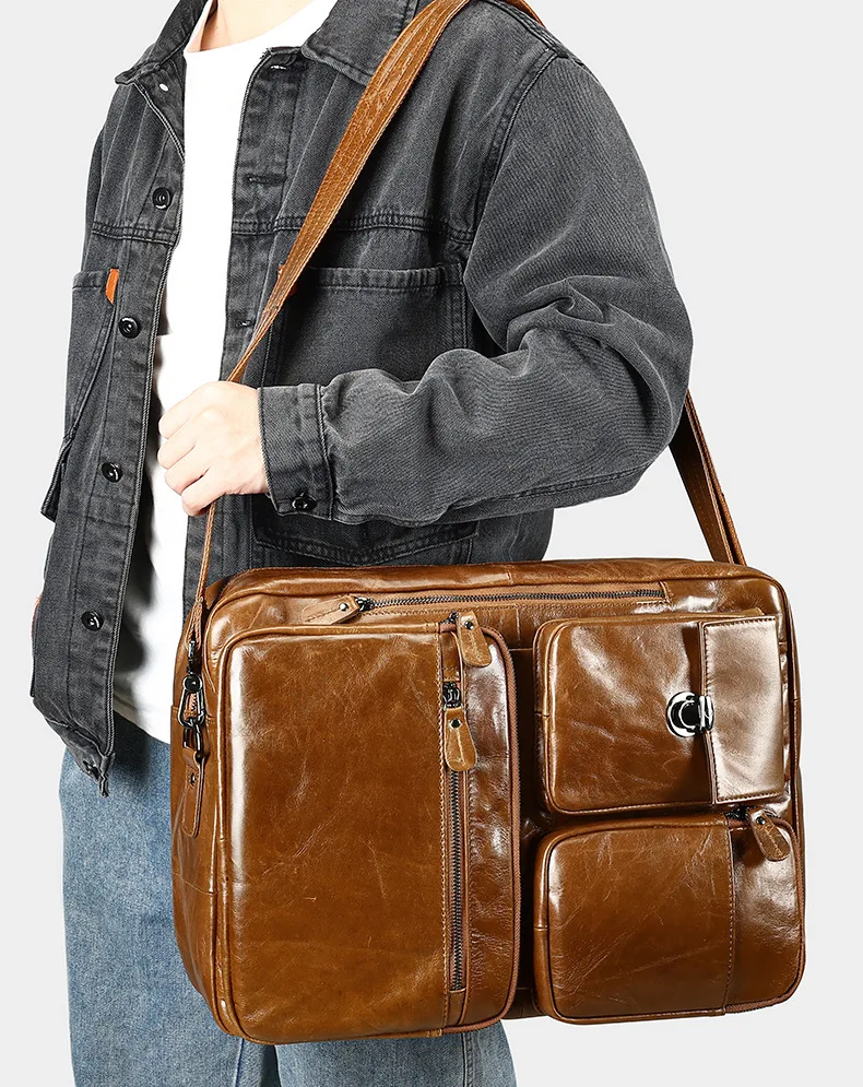 New leather multifunctional backpack, men's large capacity retro diagonal shoulder bag, hand-held briefcase.