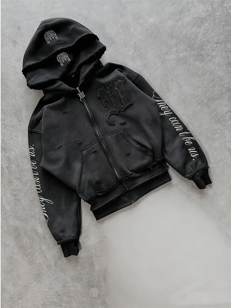 Trendy Creative Applique Letter Print Double Hat Design Women's Clothing Zippered Hoodie Loose Casual y2k hoodie girlfriend