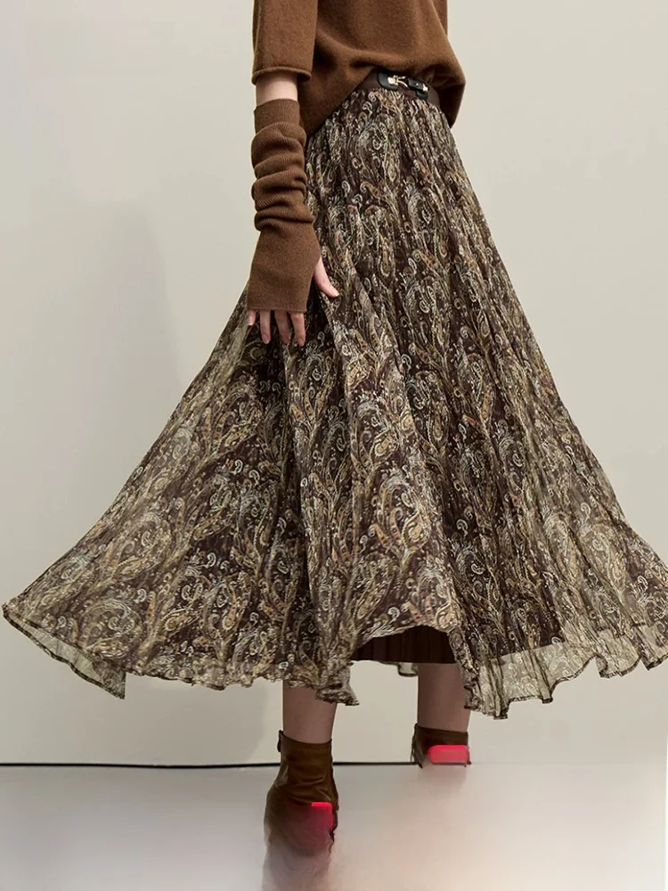 

Retro Floral Print Long Skirt Semi-Body Gauze Pleated Crepe Skirt Spring 2026 Women's Casual Commute Straight H-Shape Skirt