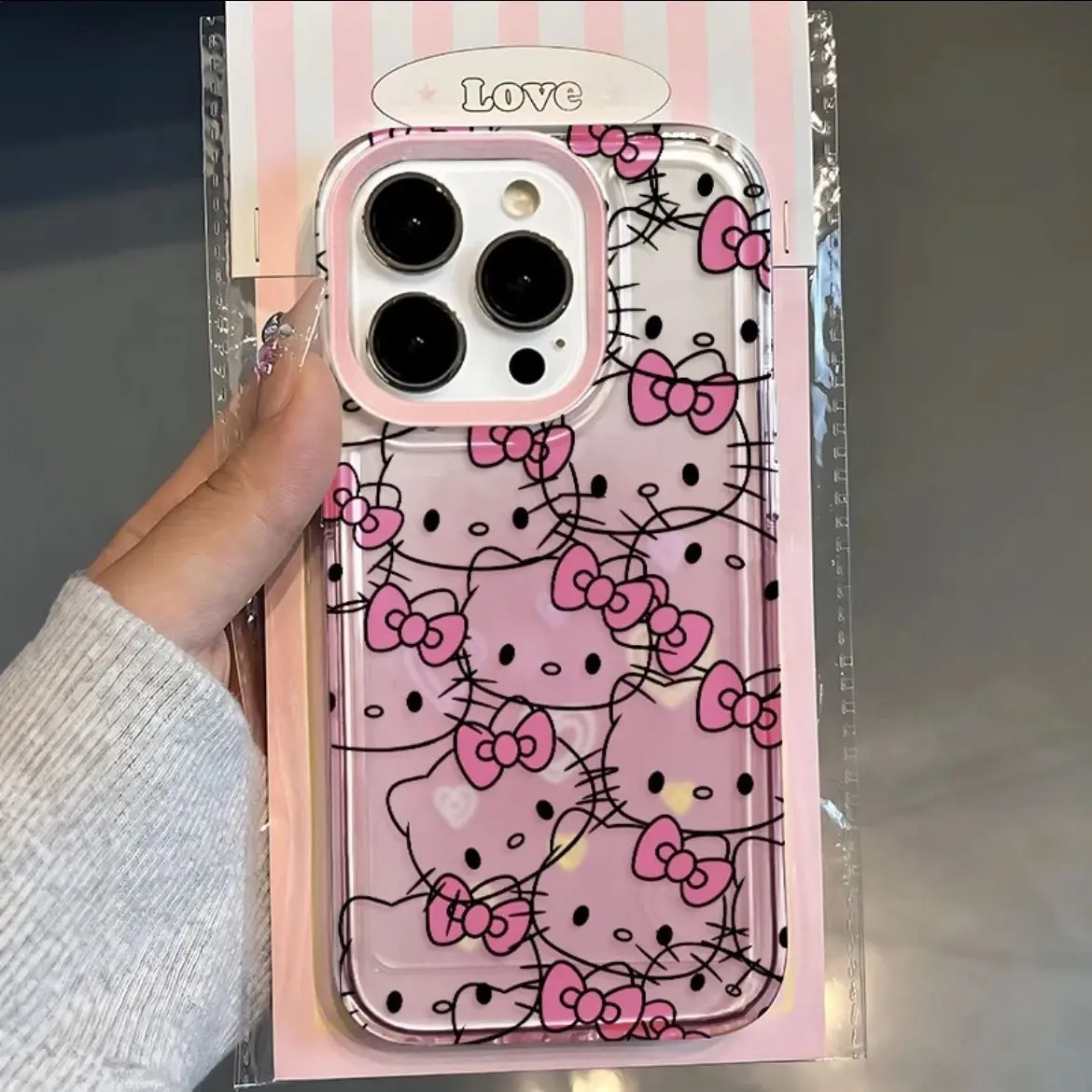 Sanrio Hello Kitty Bow Full Screen KT Gradient Phone Case For iPhone 16 15 14 13 12 11 Pro Max XR XS MAX 7 8 Plus Y2K Pink Cover